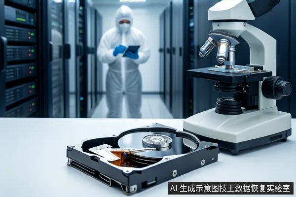 白色桌面上平放一块打开外壳的机械硬盘，右侧放置一台显微镜。背景为洁净室环境，一名穿白色无尘服的技术人员手持平板设备，两侧为服务器机柜。