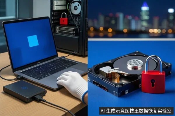 画面分为左右两部分。左侧木质桌面上,一台笔记本电脑连接着外接硬盘盒,一只戴白手套的手正在操作键盘,背景是打开机箱的塔式主机。右侧蓝色背景上,平放着一块打开外壳的机械硬盘,旁边立着一把红色挂锁。
