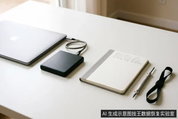白色桌面上放置着一台闭合的银色笔记本电脑，通过数据线连接着一个黑色移动硬盘。旁边摆放着一本打开的记事本、一支金属笔和一根黑色束线带，呈现出记录设备状态或整理工作清单的场景。