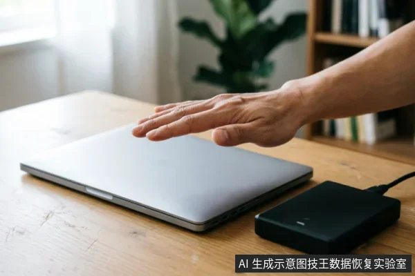 一只悬停在闭合银色笔记本电脑上方的手,旁边木桌上放置着一个连接线缆的黑色外接硬盘盒,背景为模糊的书架与绿植。