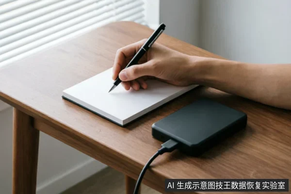 木质桌面上放置着一个连接数据线的黑色移动硬盘，旁边一只手正握笔在白色记事本上书写记录。画面展示了在操作电子设备时同步记录关键状态信息的场景。