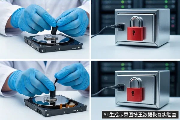 四宫格画面：左侧两格为戴蓝色手套的双手在白色桌面上操作裸露机械硬盘；右侧两格为挂有红色挂锁的银色金属防震箱，背景为模糊的服务器机柜。