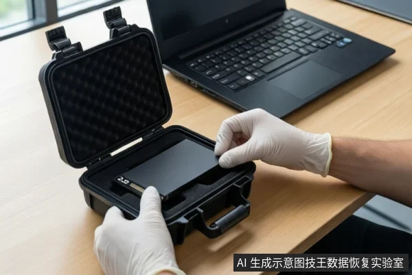 木质桌面上,一双戴白色手套的手正将一块黑色硬盘放入打开的黑色防震箱中,旁边放着一个黑色U盘。背景是一台黑屏笔记本电脑和模糊的窗户。