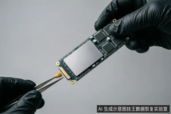 画面展示了一双戴着黑色防静电手套的手,正持镊子小心操作一块M.2接口的固态硬盘。背景为纯净的浅灰色,突出了硬件细节与精细的检修动作,呈现出专业数据恢复或硬件检测的场景。