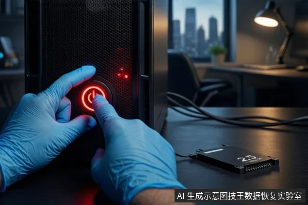 深色桌面上,一双戴蓝色手套的手正按压黑色塔式主机正面亮起的红色电源按钮,右侧平放一块黑色固态硬盘,背景为模糊的城市夜景和台灯。