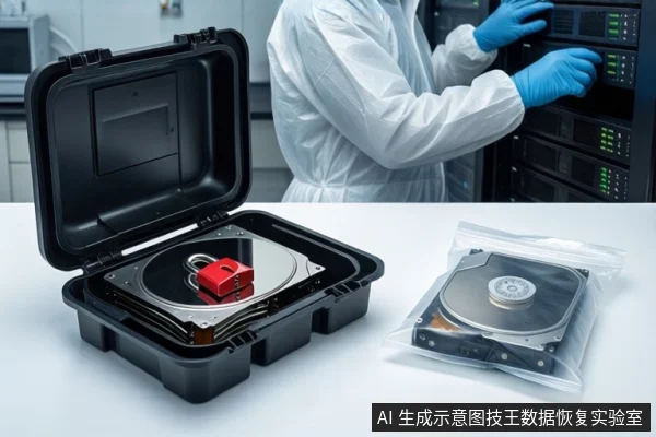 洁净室白色桌面上,左侧黑色防震箱打开,箱内固定一块机械硬盘并挂有红色挂锁。右侧透明防静电袋内装有一块闭合硬盘。背景中一名穿无尘服的技术人员正在操作服务器机柜。