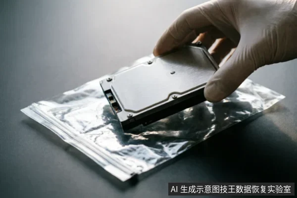 一只戴着白色防护手套的手正将一块笔记本机械硬盘放入银色防静电屏蔽袋中,展示了在数据恢复前对原始介质进行物理隔离和静电防护的正确操作。