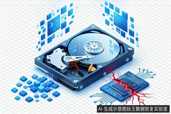 白色网格背景上,中间为打开外壳的机械硬盘,上方有蓝色数据块向上飘散,左下角散落蓝色方块,右下角为带红色裂纹特效的电路板芯片。