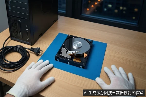 木质桌面上铺着蓝色防静电垫,垫子上平放一块打开外壳的机械硬盘,露出盘片与磁头组件。左侧是一台黑色台式主机和盘绕的黑色电源线,一双戴白色手套的手平放在桌面上,背景为模糊的窗户和城市夜景。