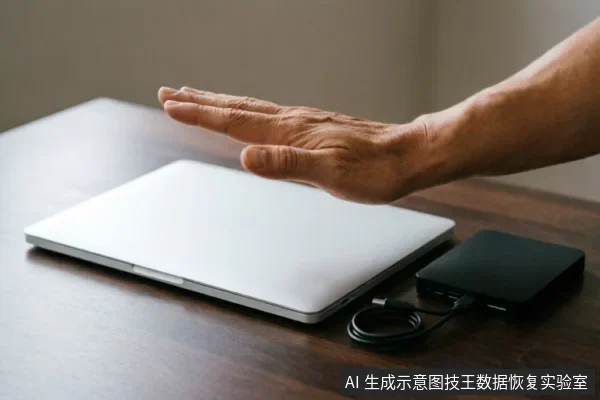 一只手掌在闭合的银色笔记本电脑上方做出停止手势,旁边放置着连接数据线的黑色移动硬盘。画面直观展示了面对存储设备故障时,应立即切断通电、停止读写尝试并暂停操作的核心原则。