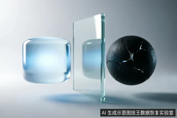 画面展示了一个发光的蓝色圆柱体、一块竖立的透明玻璃板和一个表面布满裂纹的黑色球体。三者呈线性排列，仿佛演示了数据从完好状态经过某种介质或屏障，最终演变为物理损坏的过程，隐喻数据状态的改变与介质故障。