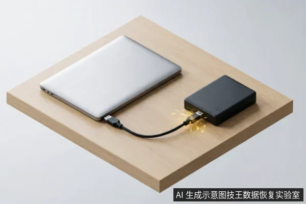 一张示意图,展示银色笔记本电脑通过黑色数据线连接至右侧的黑色移动硬盘盒。接口处绘有黄色闪光特效以强调物理连接状态,设备置于浅色木纹桌面上,背景简洁。