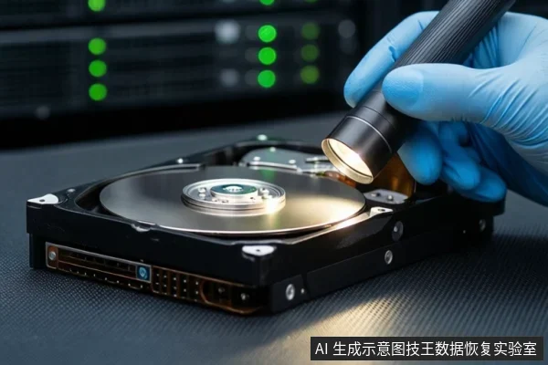 蓝色手套手持手电筒照射打开的机械硬盘盘片,背景为带绿色指示灯的设备机架。