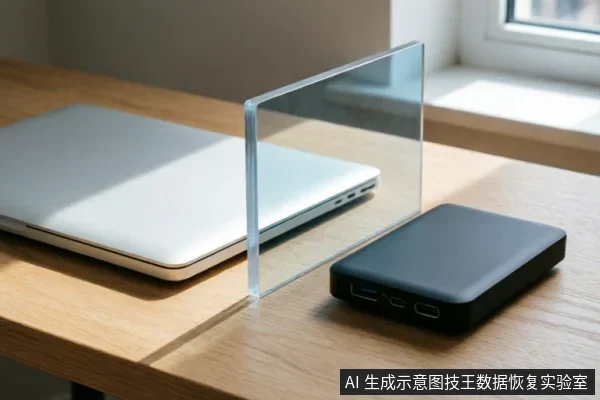 木质桌面上放置着一台闭合的银色笔记本电脑和一个黑色移动硬盘盒,两者之间竖立着一块透明亚克力板作为物理隔断。