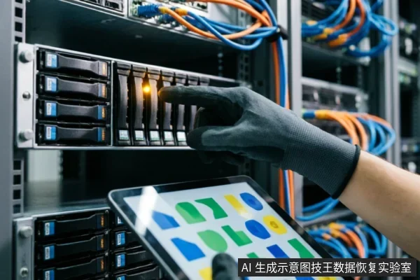 戴黑色防静电手套的技术人员正在服务器机柜前操作,手指指向亮着黄灯的硬盘托架,另一只手拿着显示彩色图表的平板电脑记录设备状态。