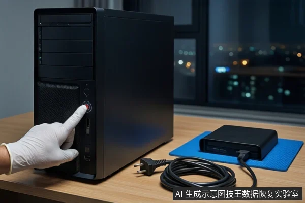 木质桌面上,一只戴白色手套的手正按压黑色台式主机前部的电源按钮。主机右侧蓝色防静电垫上平放一个黑色移动硬盘,旁边盘绕着一根黑色电源线。背景为模糊的窗户和城市夜景。