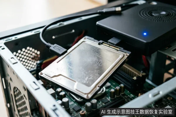 图片展示了一块机械硬盘通过USB数据线连接至外部黑色设备，该设备带有蓝色指示灯，整体置于电脑机箱内部的主板上方。画面呈现了硬盘被取出并外接连接的状态，符合数据恢复或硬件检测的场景特征。