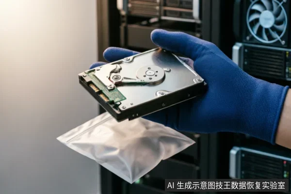 A gloved hand holds a 3.5-inch hard drive over an anti-static bag in front of server racks, illustrating hardware inspection for data recovery.