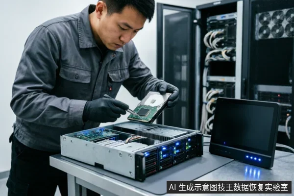 一名身穿灰色工装、戴黑色手套的技术人员，正手持一块拆卸下来的硬盘电路板进行检查。工作台上放置着一台打开的机架式服务器设备，背景可见立式机柜与线缆，呈现专业的数据恢复实验室维修场景。