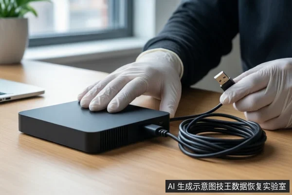 木质桌面上,左侧戴白手套的手平放在黑色移动硬盘上,右侧戴白手套的手握持一根黑色USB线缆的插头,线缆盘绕在桌面上。背景可见窗户和绿植。