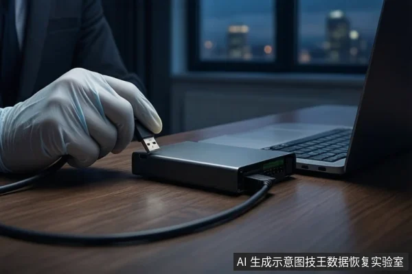 木质桌面上,一只戴白手套的手正将USB线插入黑色移动硬盘,右侧有一台打开的笔记本电脑,背景为模糊的城市夜景。