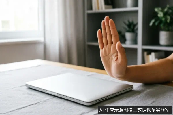 一只手掌在闭合的银色笔记本电脑前做出明显的“停止”手势,示意拒绝操作。背景为居家办公环境,包含书架和绿植,画面传达出立即停止使用设备、暂停写入以保护数据的含义。