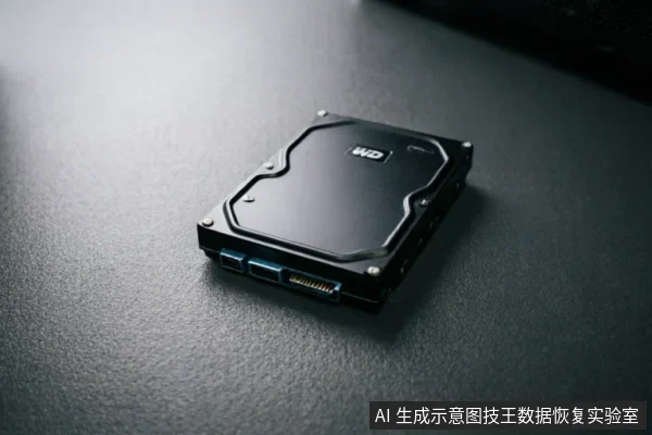 一块黑色的西部数据机械硬盘静置于深色纹理桌面上，侧面清晰可见SATA数据接口与电源接口，无连接线，背景简洁。