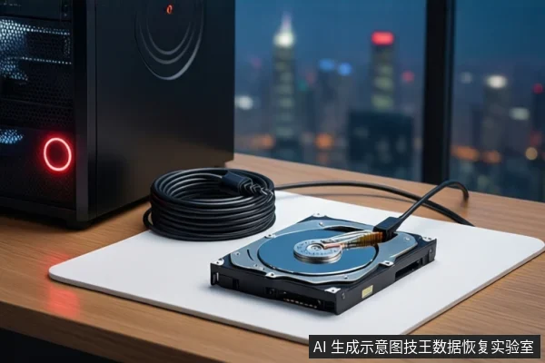 木质桌面上,白色垫子上平放一块打开外壳的机械硬盘,露出盘片与磁头组件。左侧盘绕着一根黑色数据线,数据线插头正插入硬盘接口。左侧竖立一台亮着红色电源按钮的黑色塔式主机,背景为模糊的城市夜景。
