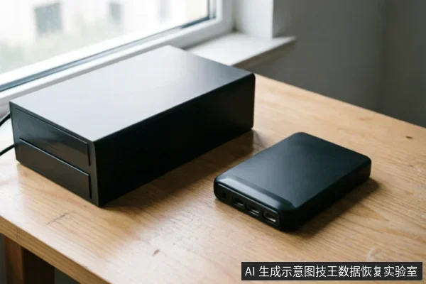 木质桌面上放置着两个黑色电子设备。左侧为一个较大的长方体硬盘盒或存储底座,右侧为一个带有USB接口的便携式移动硬盘。背景为明亮的窗台,画面展示了数据存储硬件的外观与连接接口。