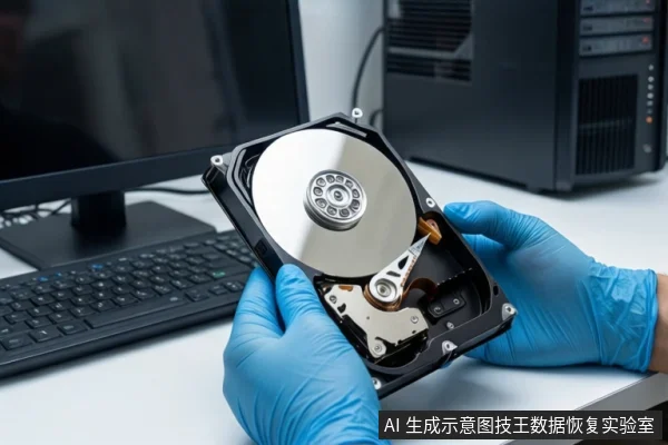 白色桌面上,一双戴蓝色手套的手正握持一块打开外壳的机械硬盘,露出盘片与磁头组件。左侧是一台黑色显示器和键盘,右侧是一台黑色台式主机,背景为模糊的服务器机柜。