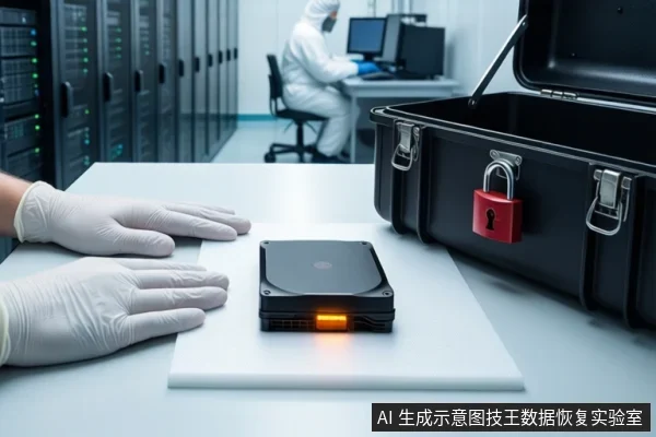 洁净室白色桌面上，前景一双戴白手套的手平放在桌边，中间平放一块闭合的黑色机械硬盘，指示灯亮橙色。右侧黑色防震箱打开并挂有红色挂锁。背景中一名穿无尘服的技术人员正在操作电脑。