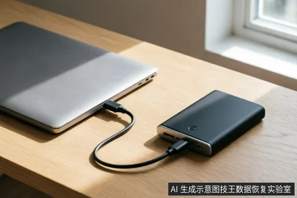 一台银色笔记本电脑通过黑色数据线连接到一个黑色的移动硬盘盒或外接存储设备上,放置在木质桌面上,展示了外部存储介质的物理连接状态。