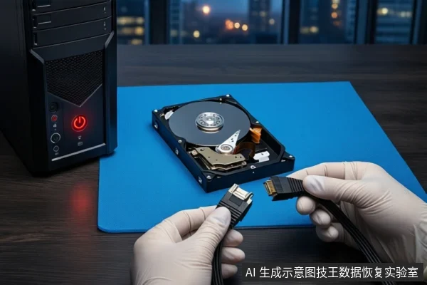 深色桌面上,左侧竖立一台亮红灯的黑色塔式主机。中间蓝色防静电垫上平放一块打开外壳的机械硬盘。前景一双戴白手套的手正持握一根黑色SATA数据线的两端接口。背景为模糊的城市夜景。