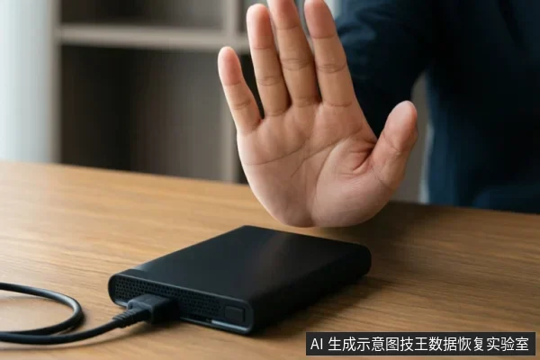 木桌上放着一个黑色移动硬盘,连接着数据线,一只手在设备上方做出停止手势。