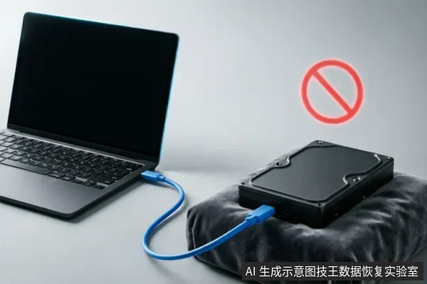 一台笔记本电脑通过蓝色数据线连接放置在软垫上的机械硬盘,硬盘上方悬浮着红色禁止符号,示意在硬件故障风险下应停止通电操作。