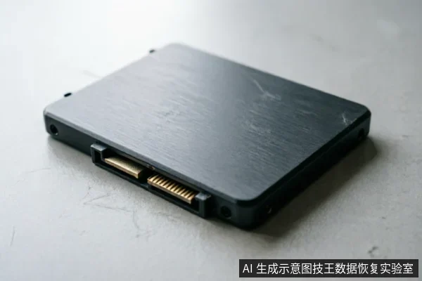 一张黑色2.5英寸SATA接口固态硬盘的特写照片,平放在浅色纹理表面上。硬盘金属顶盖有轻微划痕,侧面金色的数据与电源接口清晰可见,展示了典型的数据存储硬件外观。