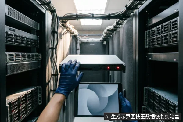 身穿蓝色防静电手套的技术人员正在服务器机房内操作，一手托举带有红色指示灯的机架式设备，另一手持平板电脑显示抽象图形界面，背景为密集的线缆与服务器机柜。