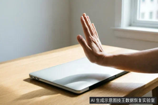 一只手掌在闭合的笔记本电脑上方做出明显的停止手势,示意拒绝或暂停操作。阳光照射在木质桌面和银色机身上,画面传达出立即停止使用设备、避免进一步写入数据的警示含义。