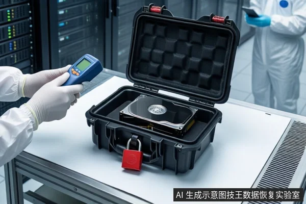洁净室白色桌面上，前景一双戴白手套的手持蓝色检测仪对准打开的黑色防震箱，箱内固定一块机械硬盘并挂有红色挂锁，背景为服务器机柜及穿无尘服人员。