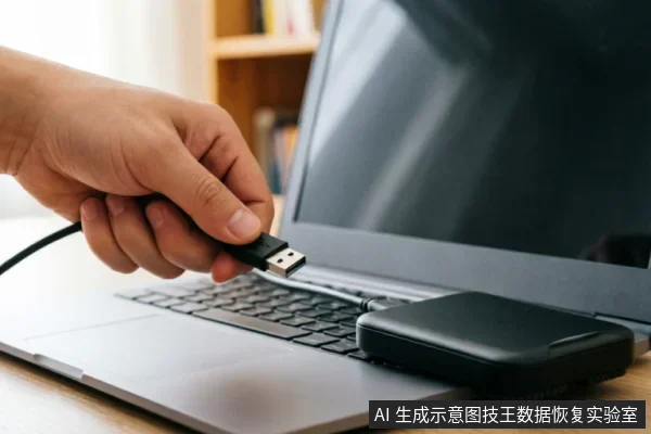 特写镜头展示一只手正握着USB数据线接口,准备将其插入银色笔记本电脑的侧面端口。电脑键盘旁放置着一个黑色的外接移动硬盘,背景为模糊的室内书架环境,演示了外部存储设备与电脑的连接场景。
