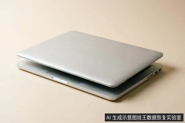 一台银色笔记本电脑处于半开合状态,屏幕盖与底座之间留有空隙,放置在纯色背景上。画面仅展示设备外观形态,未显示屏幕内容或内部硬件结构,无任何文字标识。