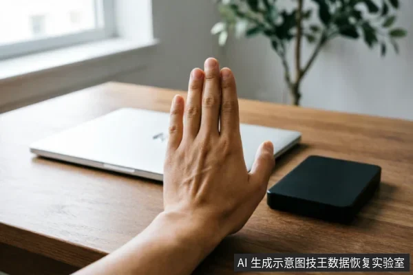 一只手掌平放在木质桌面上,掌心向下,做出停止或拒绝的手势。手旁放置着一台闭合的银色笔记本电脑和一个黑色的移动硬盘,背景有绿植和窗户,光线明亮。