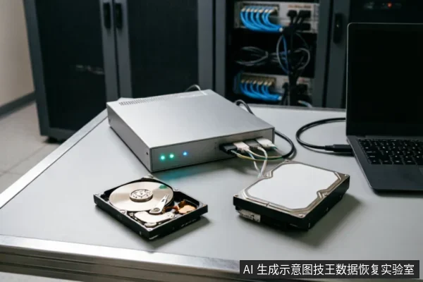桌面上放置着一台银色多盘位硬盘阵列盒,连接着线缆和笔记本电脑。旁边有一块已拆开外壳、露出内部盘片和磁头臂的机械硬盘,以及一块完整的外置移动硬盘,背景为服务器机柜环境。