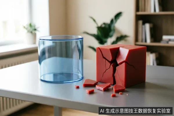 桌面上放置着一个透明蓝色圆柱体和一个严重碎裂的红色立方体，红色方块表面布满裂纹并散落着碎片，背景为模糊的书架与绿植。