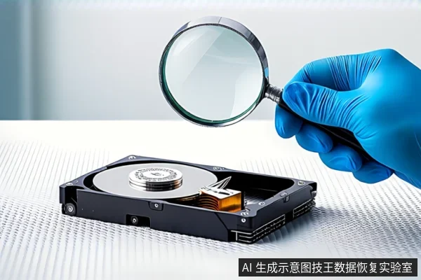 白色防静电垫上平放一块打开外壳的机械硬盘,露出盘片与磁头组件。一只戴蓝色手套的手正握持放大镜,悬停在硬盘上方进行观察。背景为模糊的浅色环境。