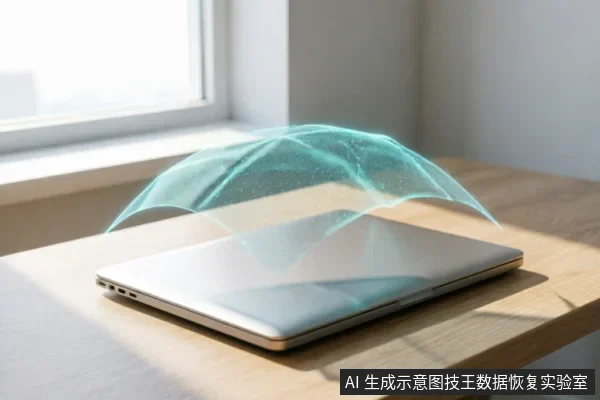 一台闭合的银色笔记本电脑放置在木质桌面上，机身正上方悬浮着一个半透明的青蓝色网格状穹顶光罩，呈现出类似防护盾牌或安全扫描的视觉效果。