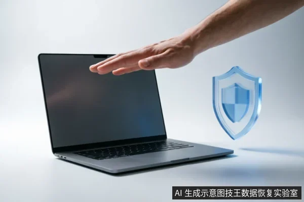 一只手掌悬停在一台闭合屏幕的笔记本电脑上方,做出保护或停止的手势,旁边悬浮着一个半透明的蓝色盾牌图标。画面通过视觉符号象征对数字设备的数据安全防护、故障止损及专业评估原则。