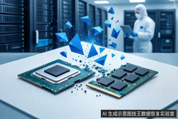 洁净室白色桌面上平放一块CPU和一块内存条,上方悬浮蓝色几何碎片。背景为模糊的服务器机柜和一名穿无尘服的技术人员。