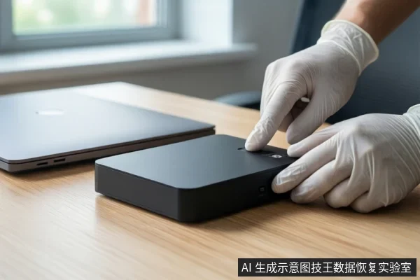木质桌面上,左侧是一台闭合的银色笔记本电脑,中间平放一个黑色移动硬盘。右侧一双戴白色手套的手正按压硬盘顶部的按钮。背景可见模糊的窗户。