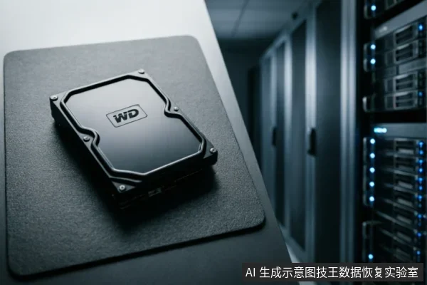 画面展示了一块带有WD标志的黑色机械硬盘放置在深色防静电垫上，背景为模糊的服务器机柜及蓝色指示灯。图像呈现了数据恢复或硬件检测的典型工作环境，暗示了对存储设备进行专业评估与故障排查的场景。